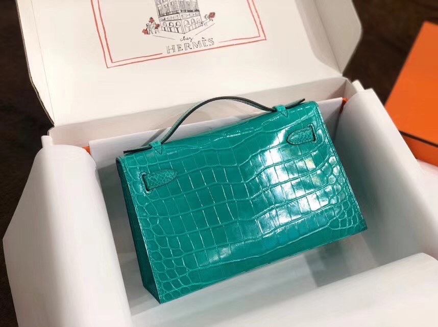 Hermes Mini Kelly Pochette 22cm Bag In Blue Paon Shiny Alligator Leather